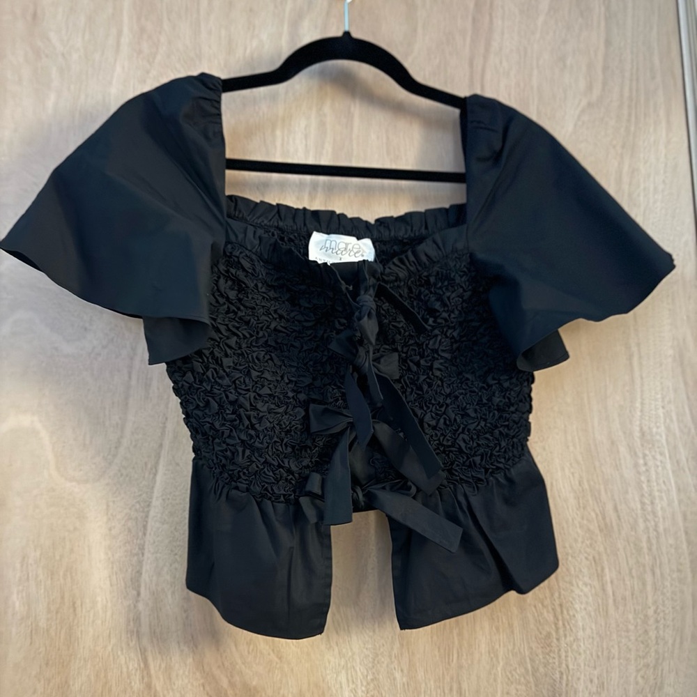 Mare Mare x Anthropologie Black Smocked Blouse with Flutter Sleeves